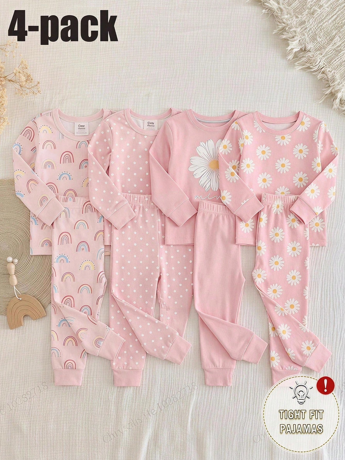 Baby Girl Snug Fit Pajama Set, Daisy Cartoon Print Crew Neck Long Sleeve Pullover Top, Elastic Waist Long Pants, Polka Dot Print, 4-Piece Set