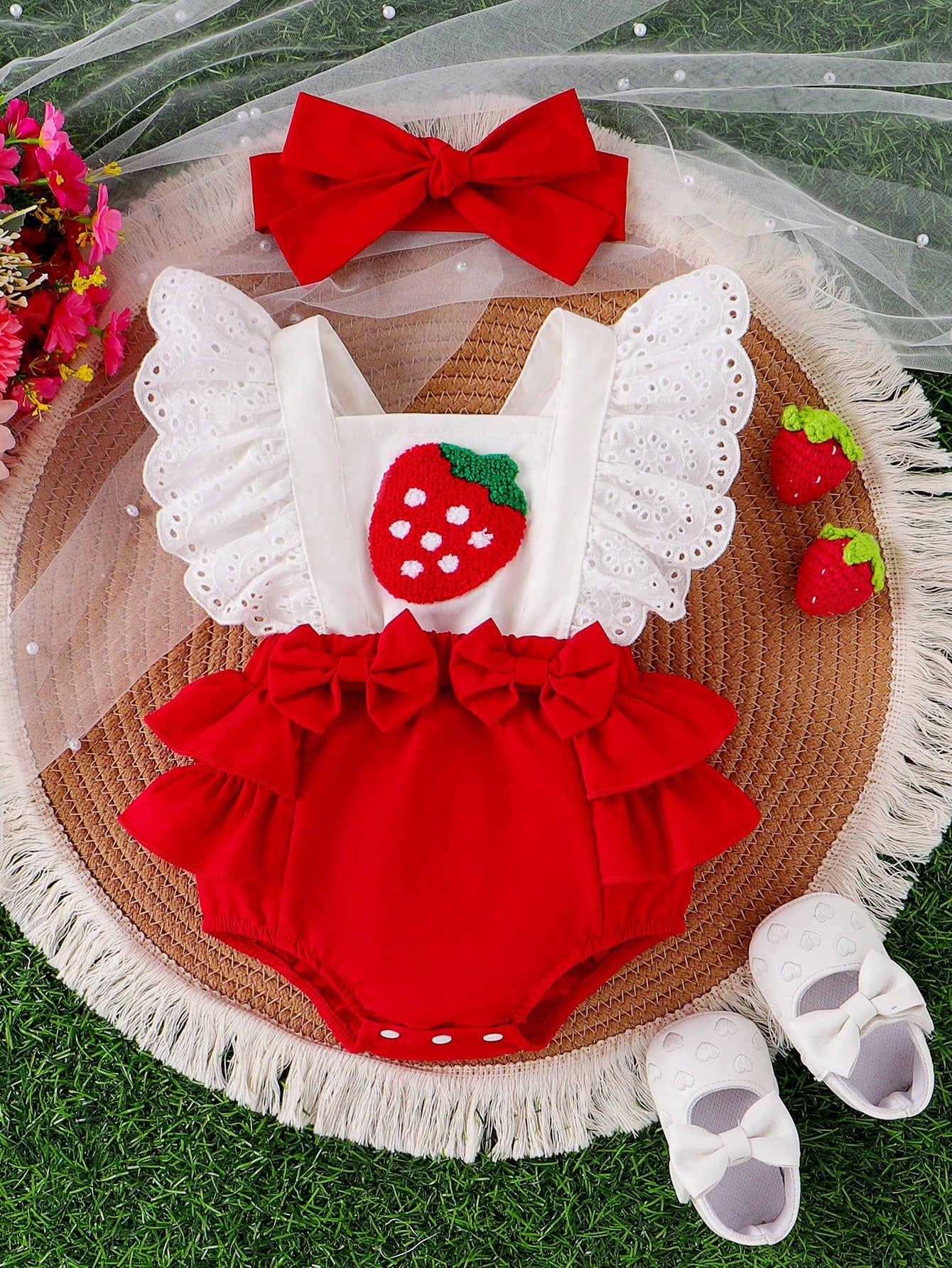 Baby Girl Strawberry Embroidered Ruffle Trim Spliced Bodysuit With Headband