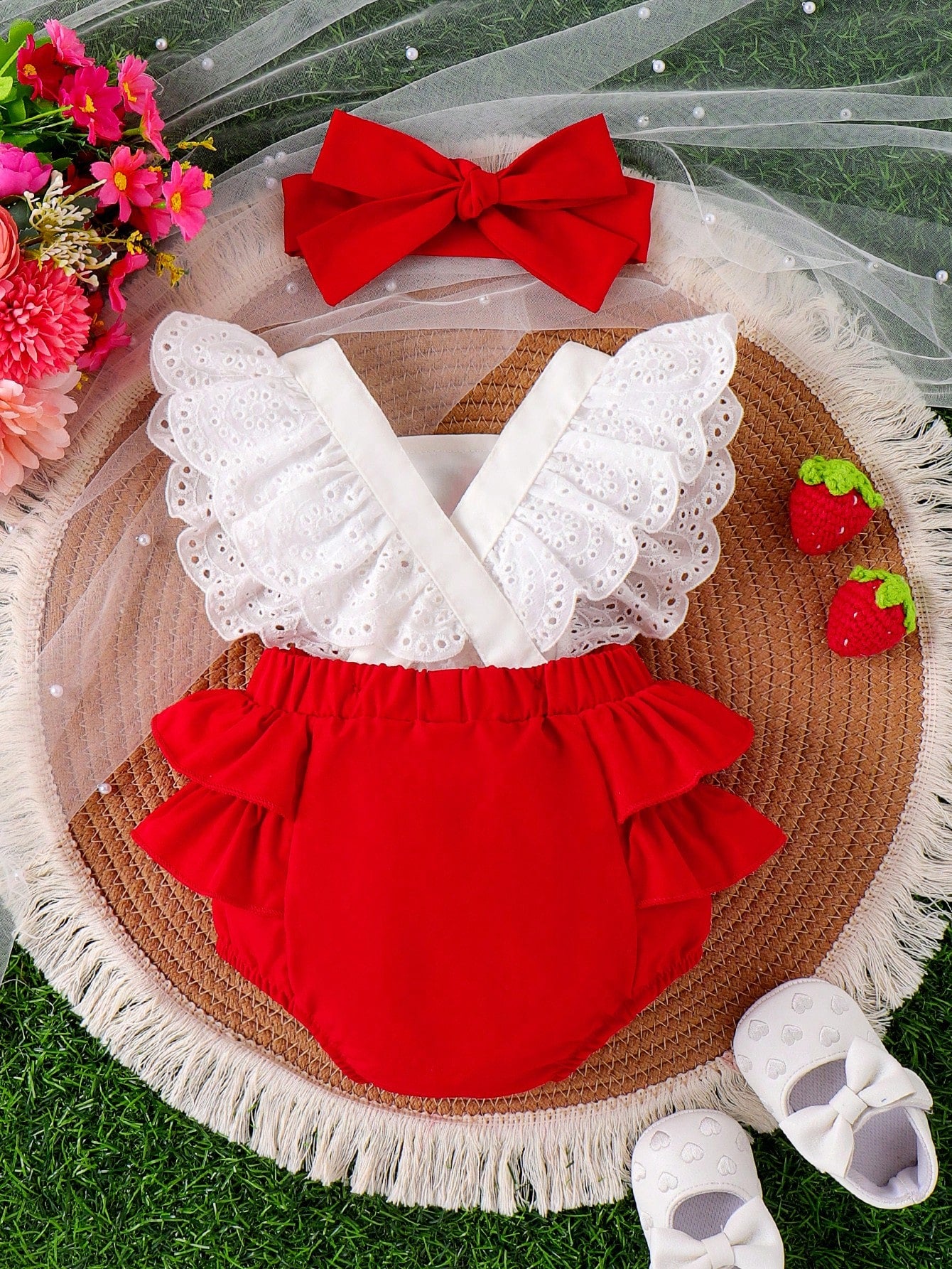 Baby Girl Strawberry Embroidered Ruffle Trim Spliced Bodysuit With Headband