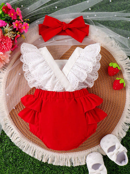 Baby Girl Strawberry Embroidered Ruffle Trim Spliced Bodysuit With Headband