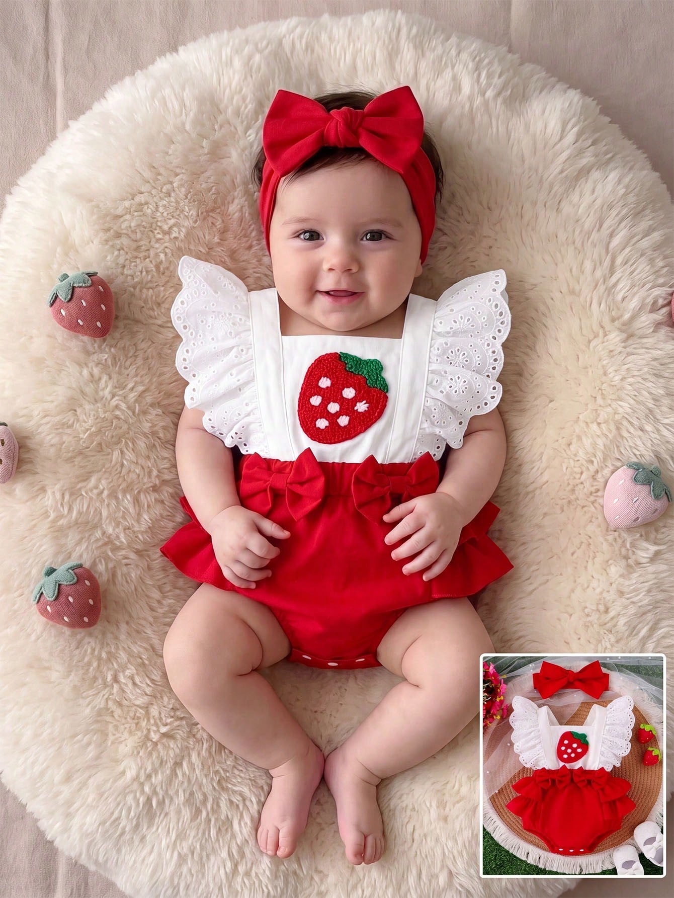 Baby Girl Strawberry Embroidered Ruffle Trim Spliced Bodysuit With Headband