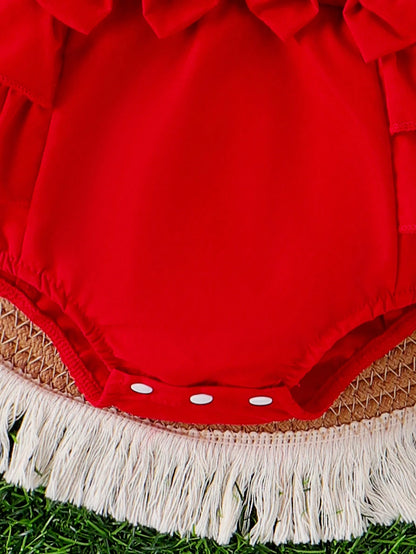 Baby Girl Strawberry Embroidered Ruffle Trim Spliced Bodysuit With Headband