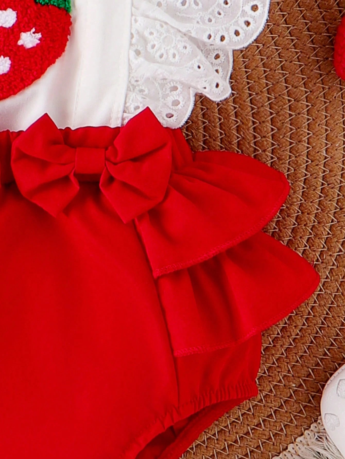 Baby Girl Strawberry Embroidered Ruffle Trim Spliced Bodysuit With Headband
