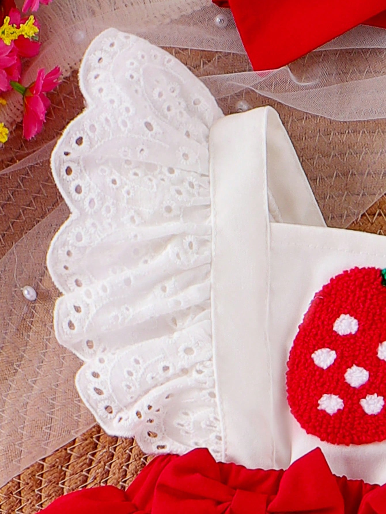 Baby Girl Strawberry Embroidered Ruffle Trim Spliced Bodysuit With Headband