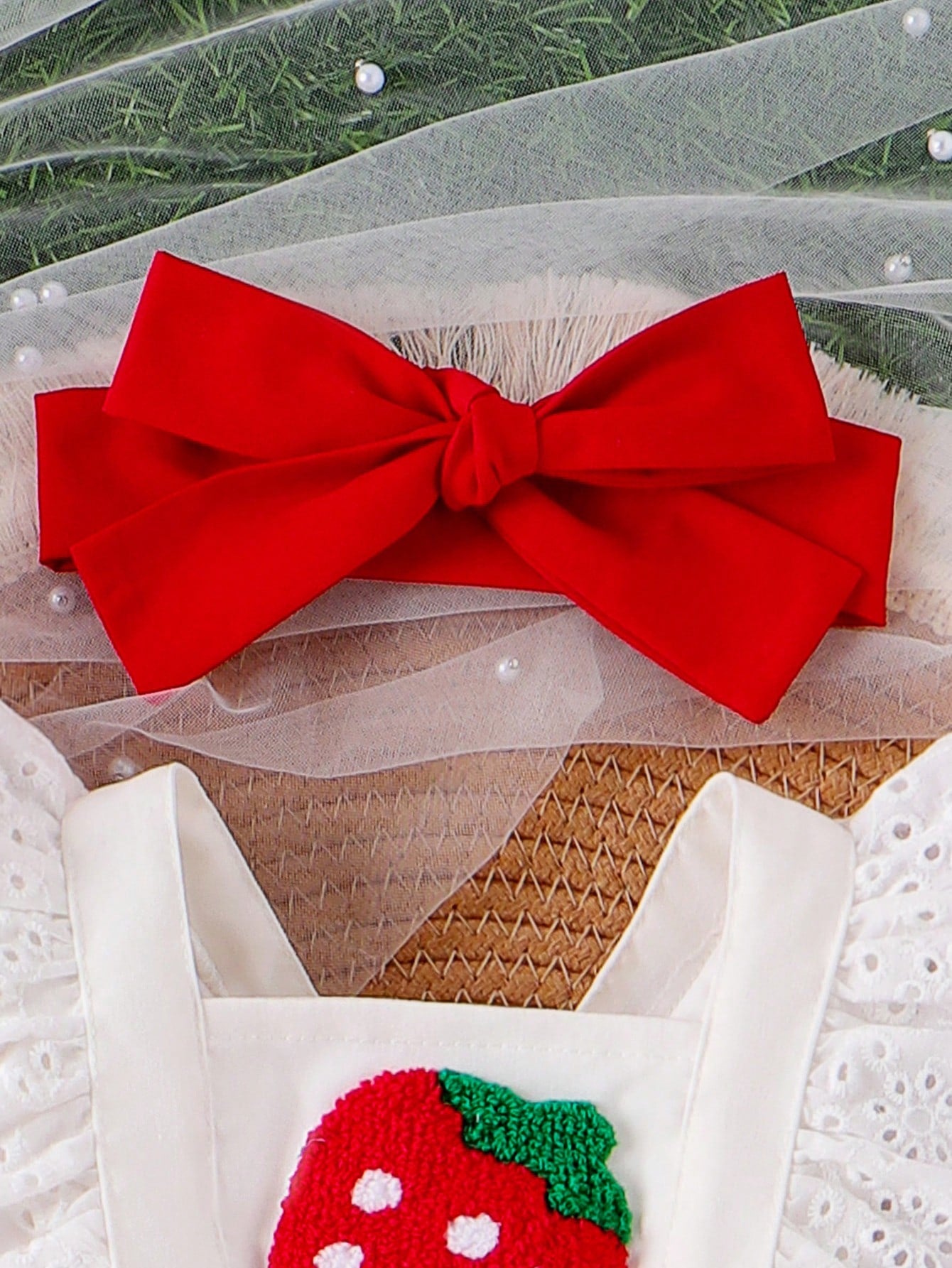 Baby Girl Strawberry Embroidered Ruffle Trim Spliced Bodysuit With Headband