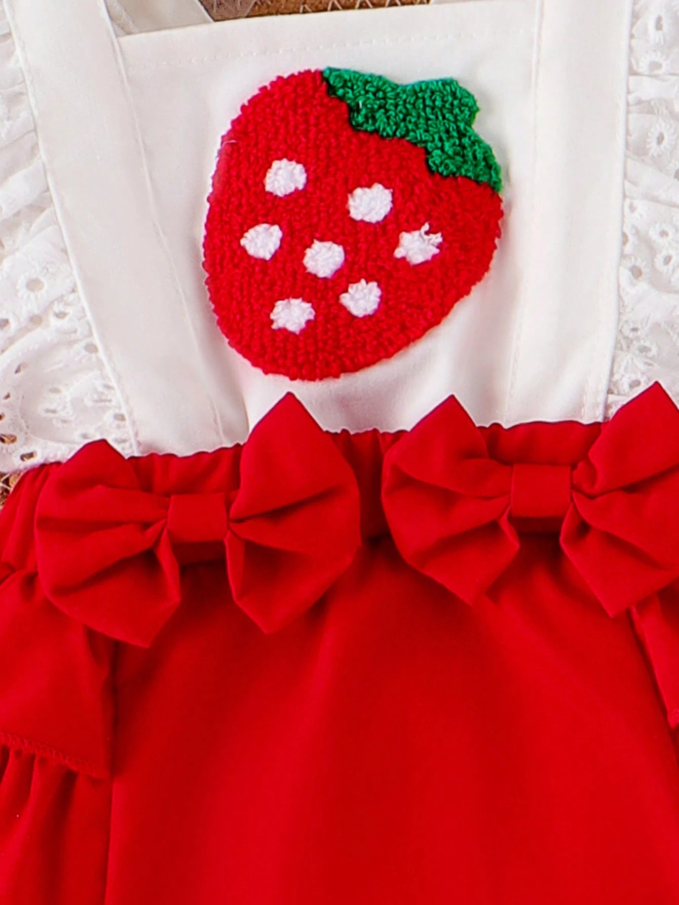 Baby Girl Strawberry Embroidered Ruffle Trim Spliced Bodysuit With Headband