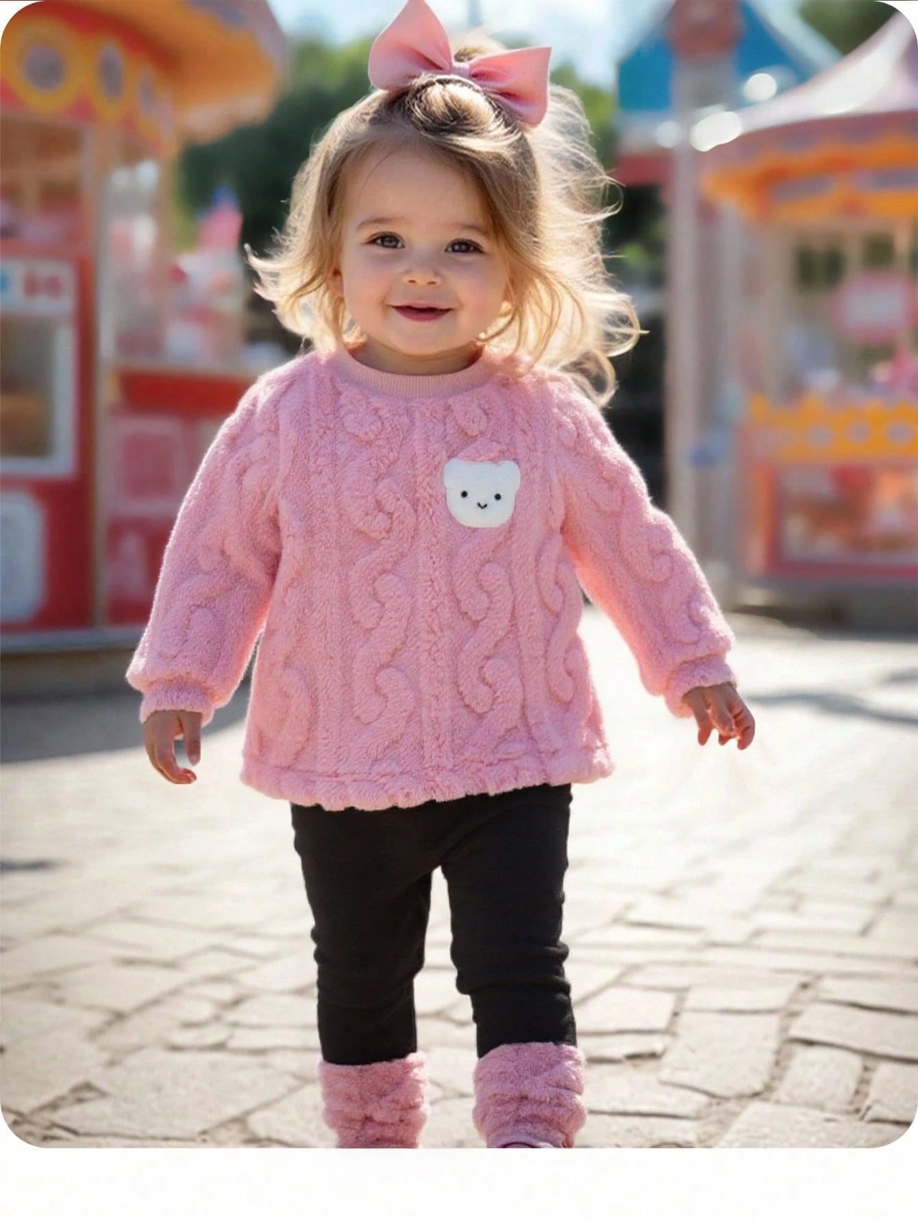 Baby Girls Cute Furry Cartoon Pattern Thermal Lined Hoodie Set, Autumn/Winter Fall