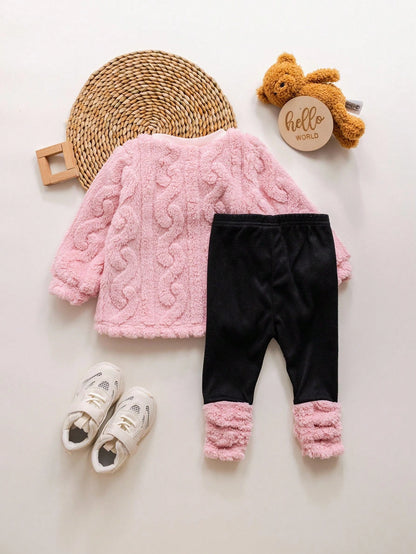 Baby Girls Cute Furry Cartoon Pattern Thermal Lined Hoodie Set, Autumn/Winter Fall