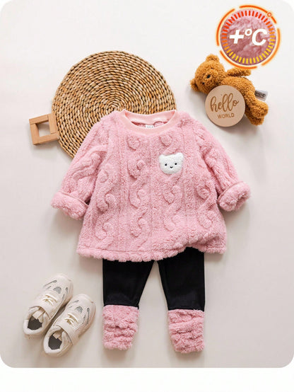 Baby Girls Cute Furry Cartoon Pattern Thermal Lined Hoodie Set, Autumn/Winter Fall