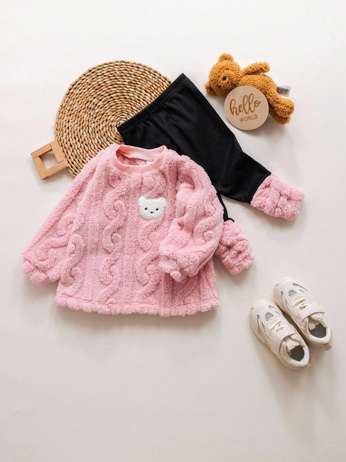 Baby Girls Cute Furry Cartoon Pattern Thermal Lined Hoodie Set, Autumn/Winter Fall