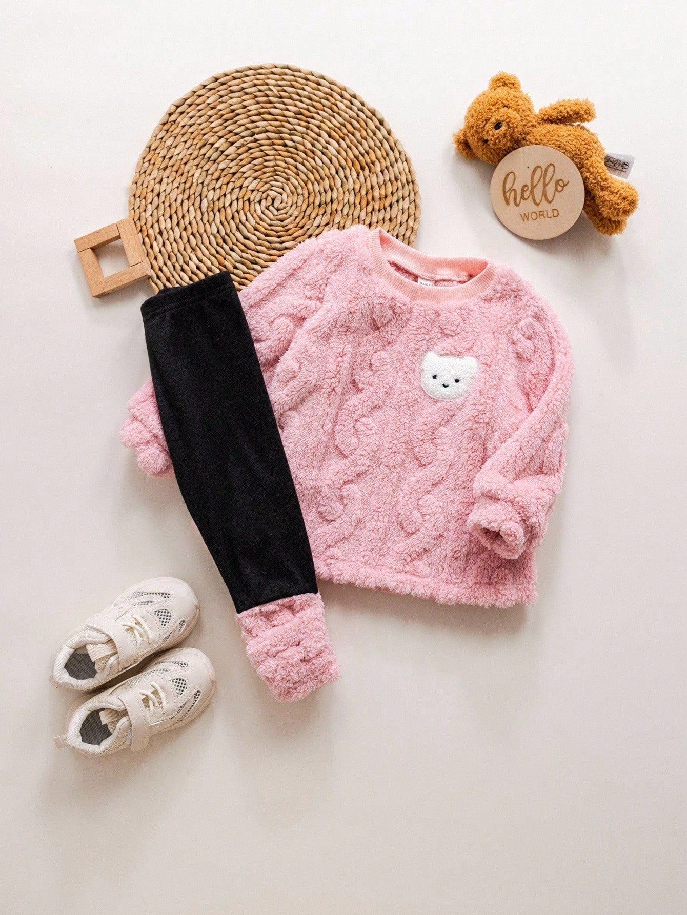 Baby Girls Cute Furry Cartoon Pattern Thermal Lined Hoodie Set, Autumn/Winter Fall