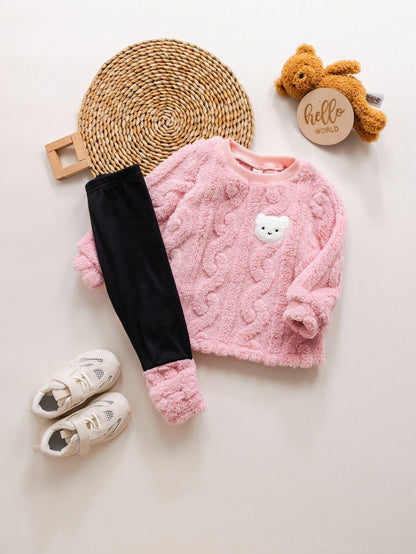 Baby Girls Cute Furry Cartoon Pattern Thermal Lined Hoodie Set, Autumn/Winter Fall