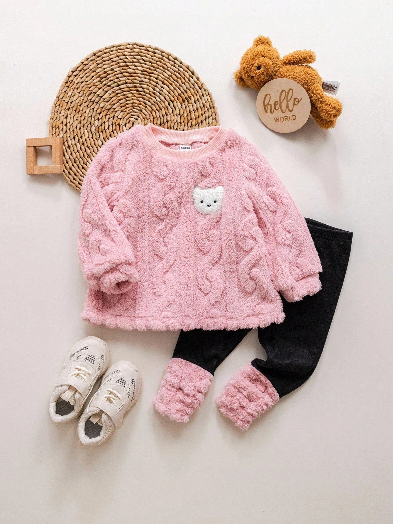 Baby Girls Cute Furry Cartoon Pattern Thermal Lined Hoodie Set, Autumn/Winter Fall
