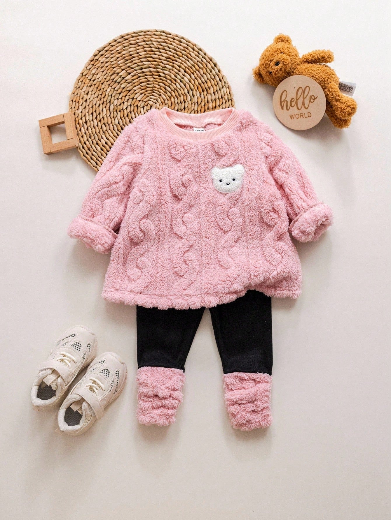 Baby Girls Cute Furry Cartoon Pattern Thermal Lined Hoodie Set, Autumn/Winter Fall