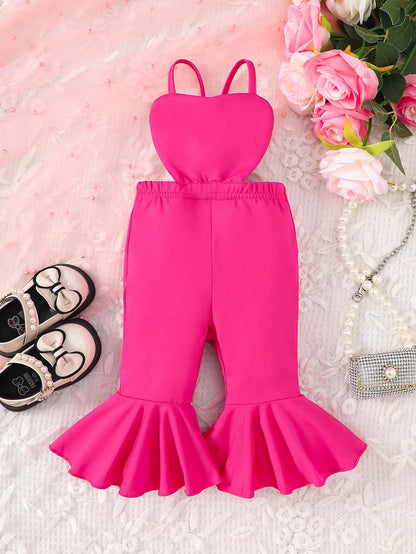Baby Girls Cute Pink Heart Shaped Spaghetti Strap Bell-Bottom Jumpsuit Summer First Birthday Performance Wedding Party Outdoor Activity Outfit
