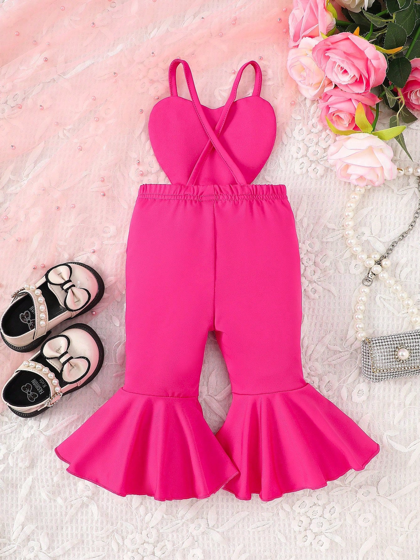 Baby Girls Cute Pink Heart Shaped Spaghetti Strap Bell-Bottom Jumpsuit Summer First Birthday Performance Wedding Party Outdoor Activity Outfit