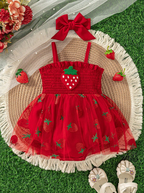 Baby Girls Cute Summer New Arrival Suspender Strawberry Decor Mesh Patchwork Bodysuit With Headband + Outdoor Sports