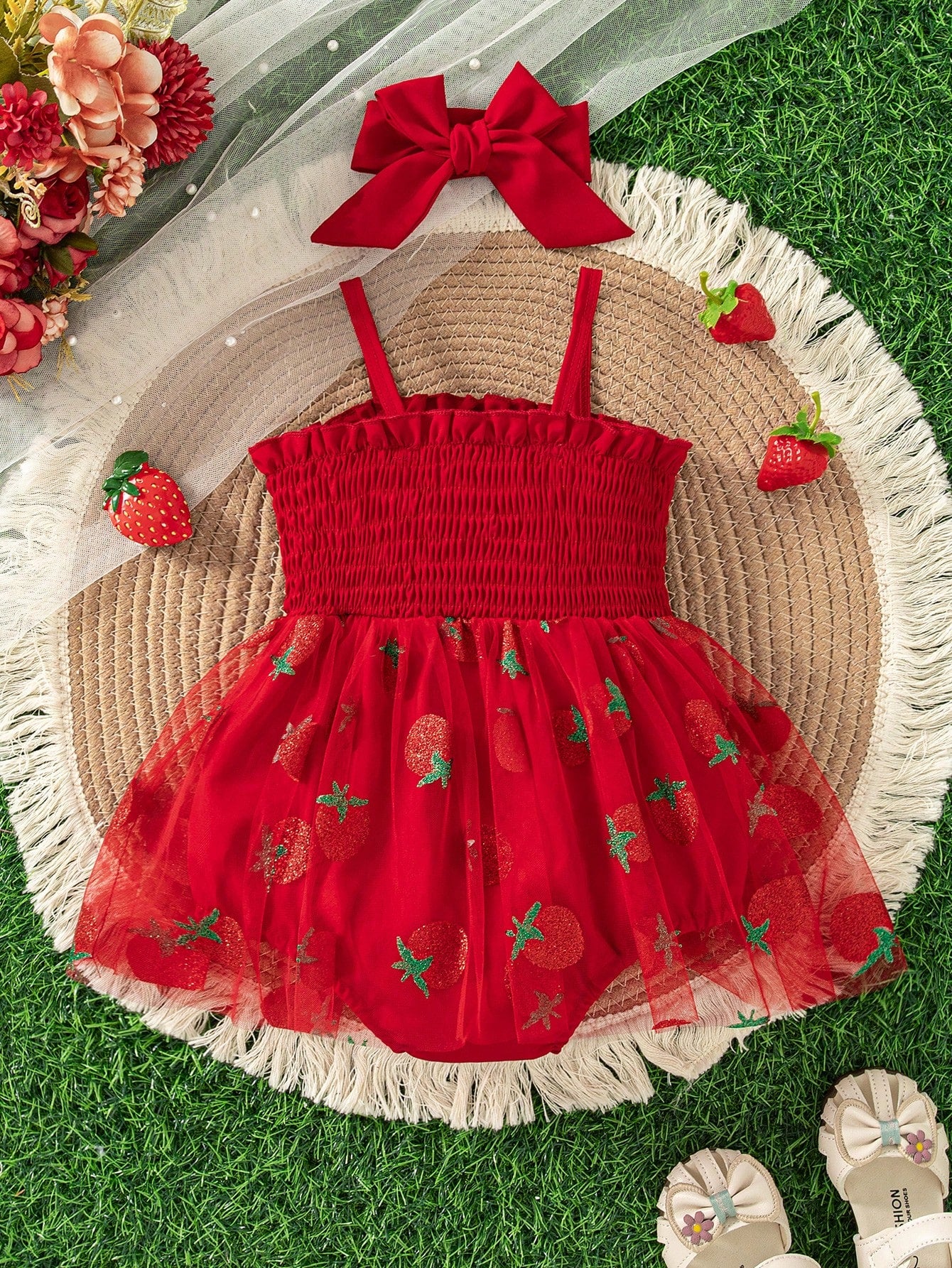 Baby Girls Cute Summer New Arrival Suspender Strawberry Decor Mesh Patchwork Bodysuit With Headband + Outdoor Sports