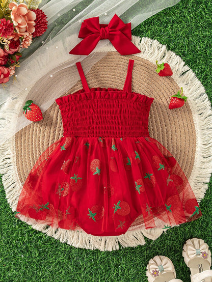Baby Girls Cute Summer New Arrival Suspender Strawberry Decor Mesh Patchwork Bodysuit With Headband + Outdoor Sports