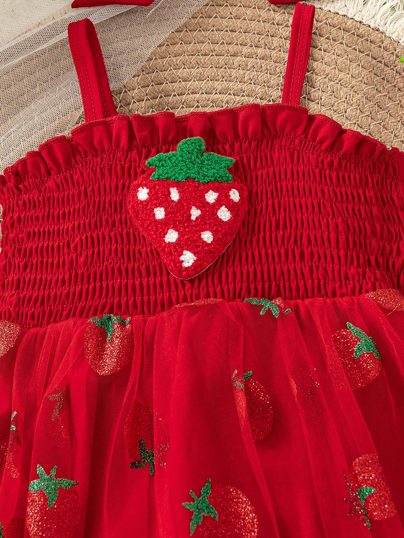 Baby Girls Cute Summer New Arrival Suspender Strawberry Decor Mesh Patchwork Bodysuit With Headband + Outdoor Sports