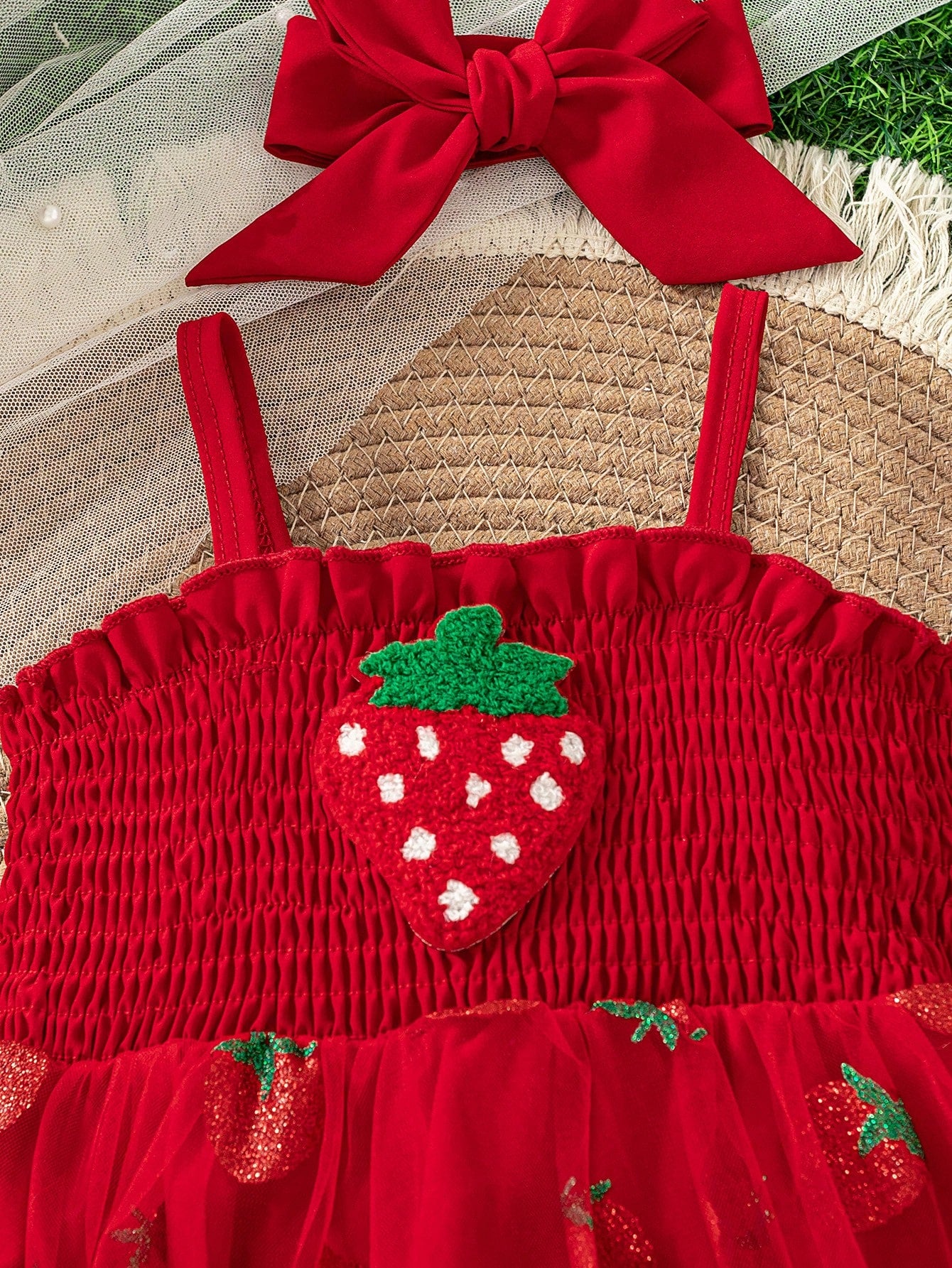 Baby Girls Cute Summer New Arrival Suspender Strawberry Decor Mesh Patchwork Bodysuit With Headband + Outdoor Sports