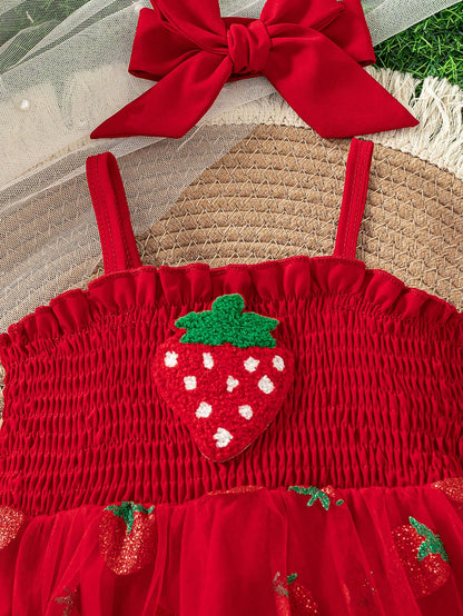 Baby Girls Cute Summer New Arrival Suspender Strawberry Decor Mesh Patchwork Bodysuit With Headband + Outdoor Sports