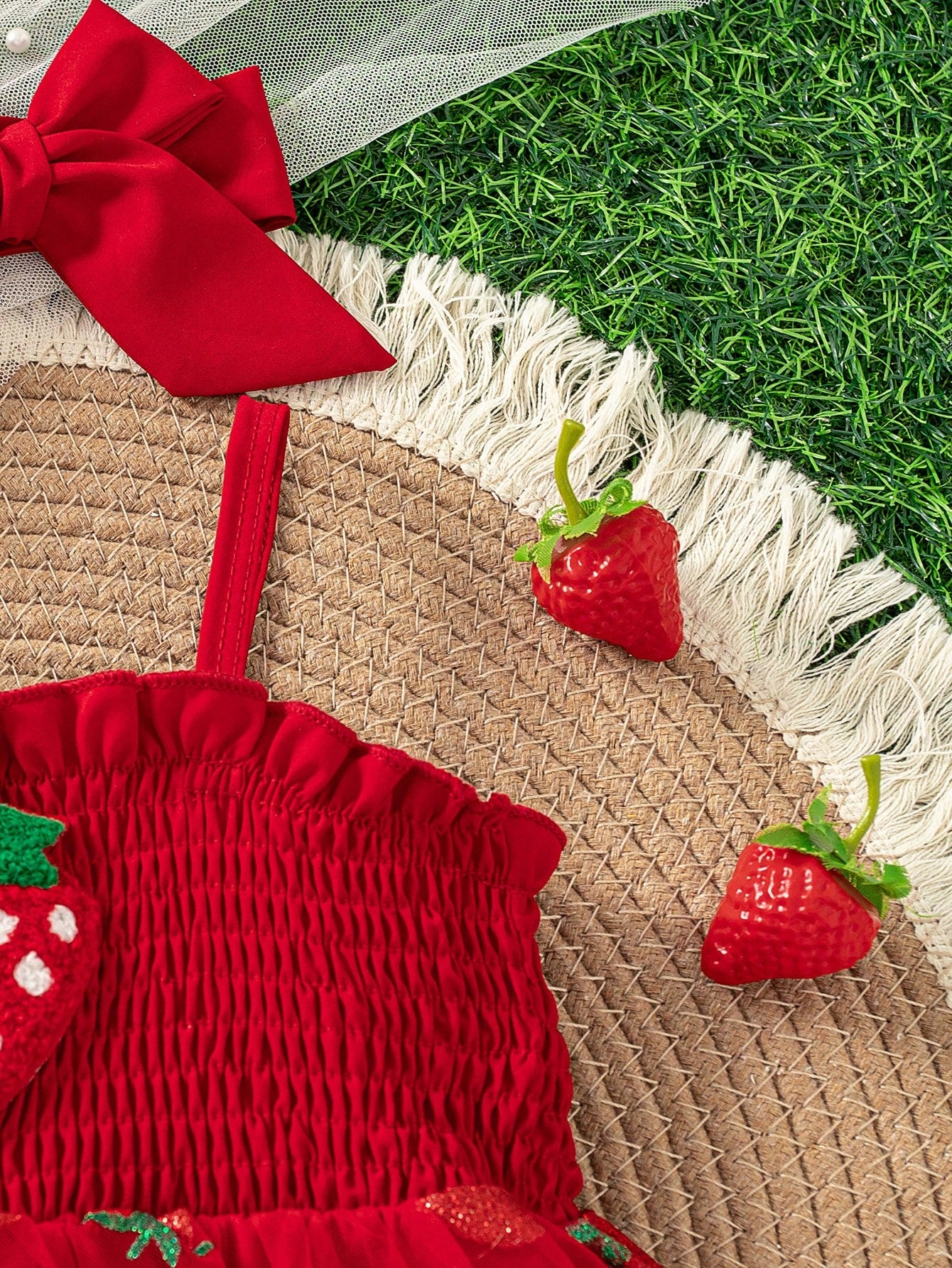 Baby Girls Cute Summer New Arrival Suspender Strawberry Decor Mesh Patchwork Bodysuit With Headband + Outdoor Sports