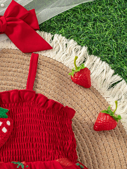 Baby Girls Cute Summer New Arrival Suspender Strawberry Decor Mesh Patchwork Bodysuit With Headband + Outdoor Sports