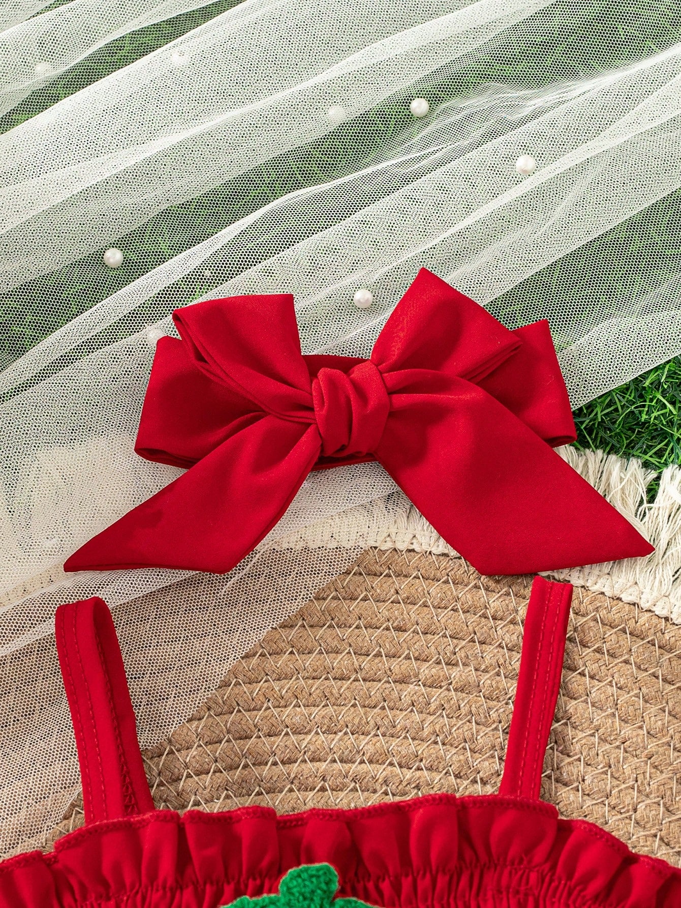 Baby Girls Cute Summer New Arrival Suspender Strawberry Decor Mesh Patchwork Bodysuit With Headband + Outdoor Sports