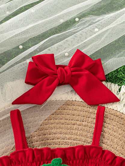 Baby Girls Cute Summer New Arrival Suspender Strawberry Decor Mesh Patchwork Bodysuit With Headband + Outdoor Sports
