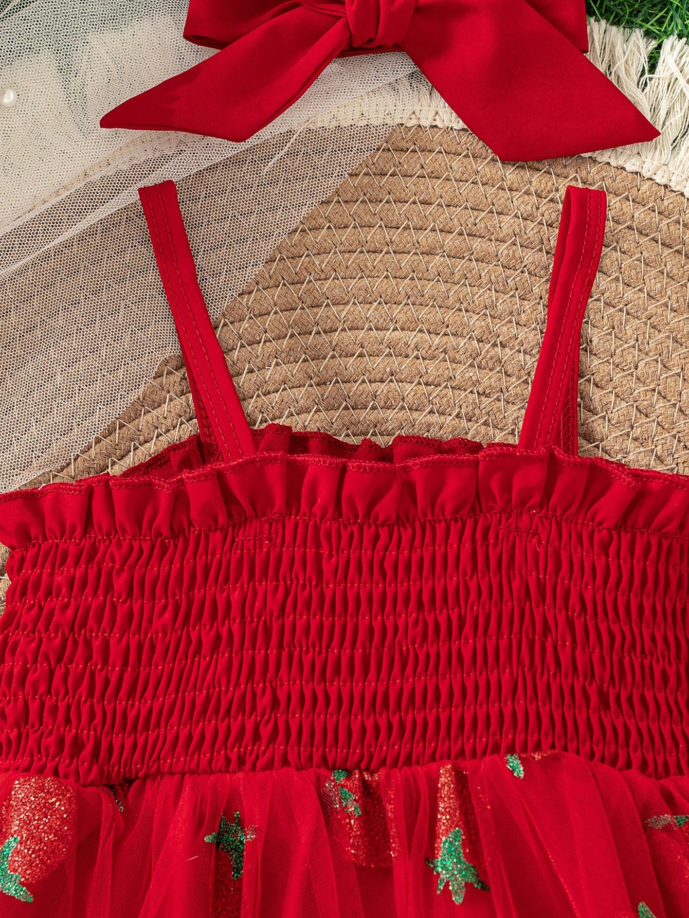 Baby Girls Cute Summer New Arrival Suspender Strawberry Decor Mesh Patchwork Bodysuit With Headband + Outdoor Sports