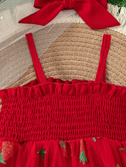 Baby Girls Cute Summer New Arrival Suspender Strawberry Decor Mesh Patchwork Bodysuit With Headband + Outdoor Sports