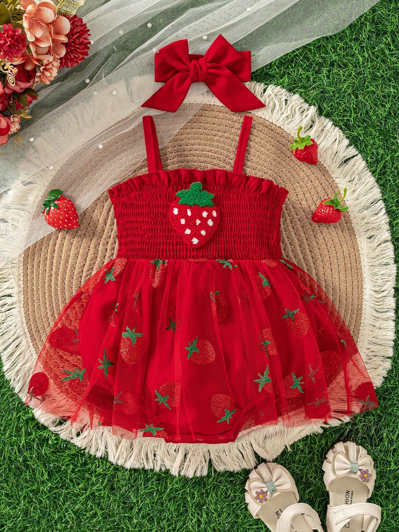 Baby Girls Cute Summer New Arrival Suspender Strawberry Decor Mesh Patchwork Bodysuit With Headband + Outdoor Sports
