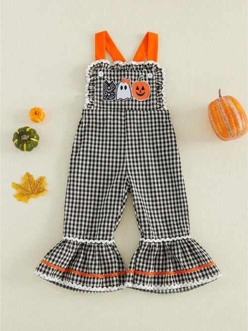 Baby Girls Halloween Plaid Overalls Embroidery Sleeveless Flared Jumpsuit Suspender Pants For Toddler