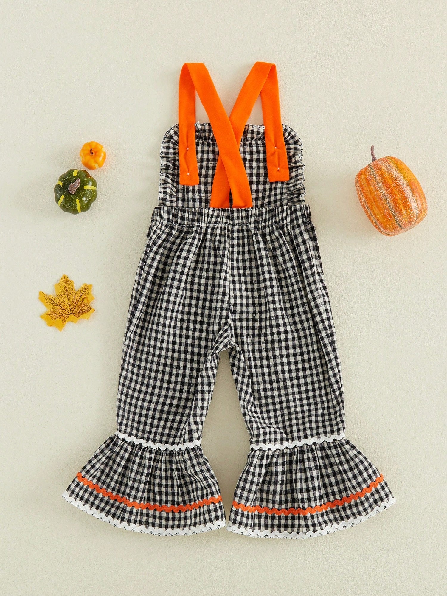 Baby Girls Halloween Plaid Overalls Embroidery Sleeveless Flared Jumpsuit Suspender Pants For Toddler