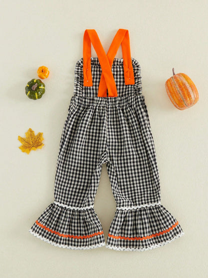 Baby Girls Halloween Plaid Overalls Embroidery Sleeveless Flared Jumpsuit Suspender Pants For Toddler