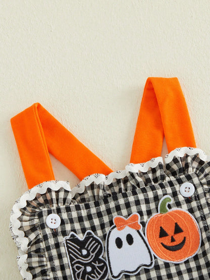 Baby Girls Halloween Plaid Overalls Embroidery Sleeveless Flared Jumpsuit Suspender Pants For Toddler