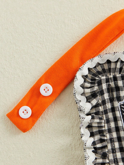 Baby Girls Halloween Plaid Overalls Embroidery Sleeveless Flared Jumpsuit Suspender Pants For Toddler