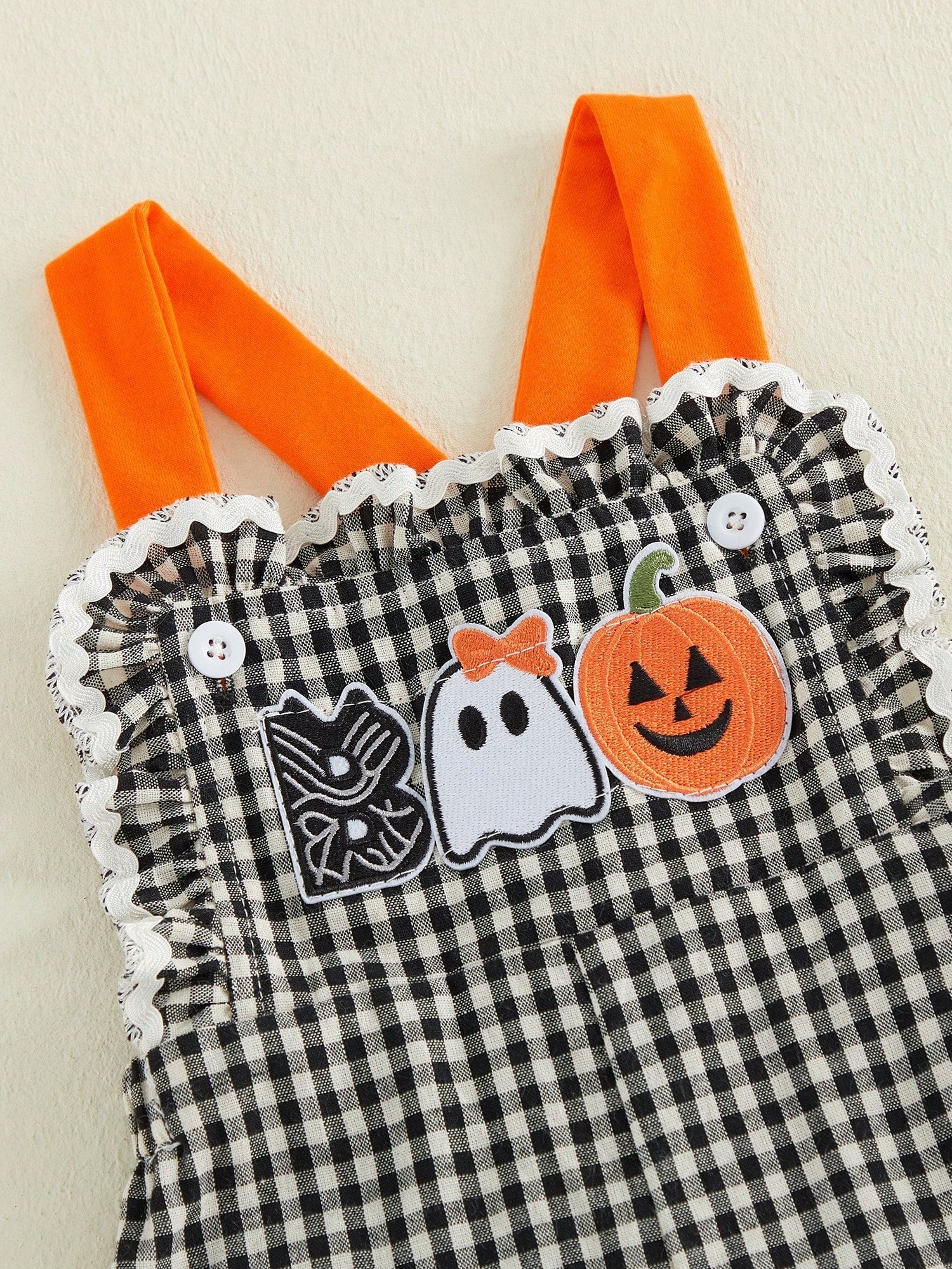 Baby Girls Halloween Plaid Overalls Embroidery Sleeveless Flared Jumpsuit Suspender Pants For Toddler