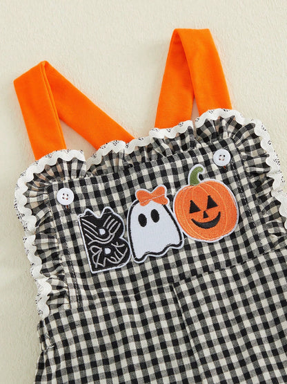 Baby Girls Halloween Plaid Overalls Embroidery Sleeveless Flared Jumpsuit Suspender Pants For Toddler