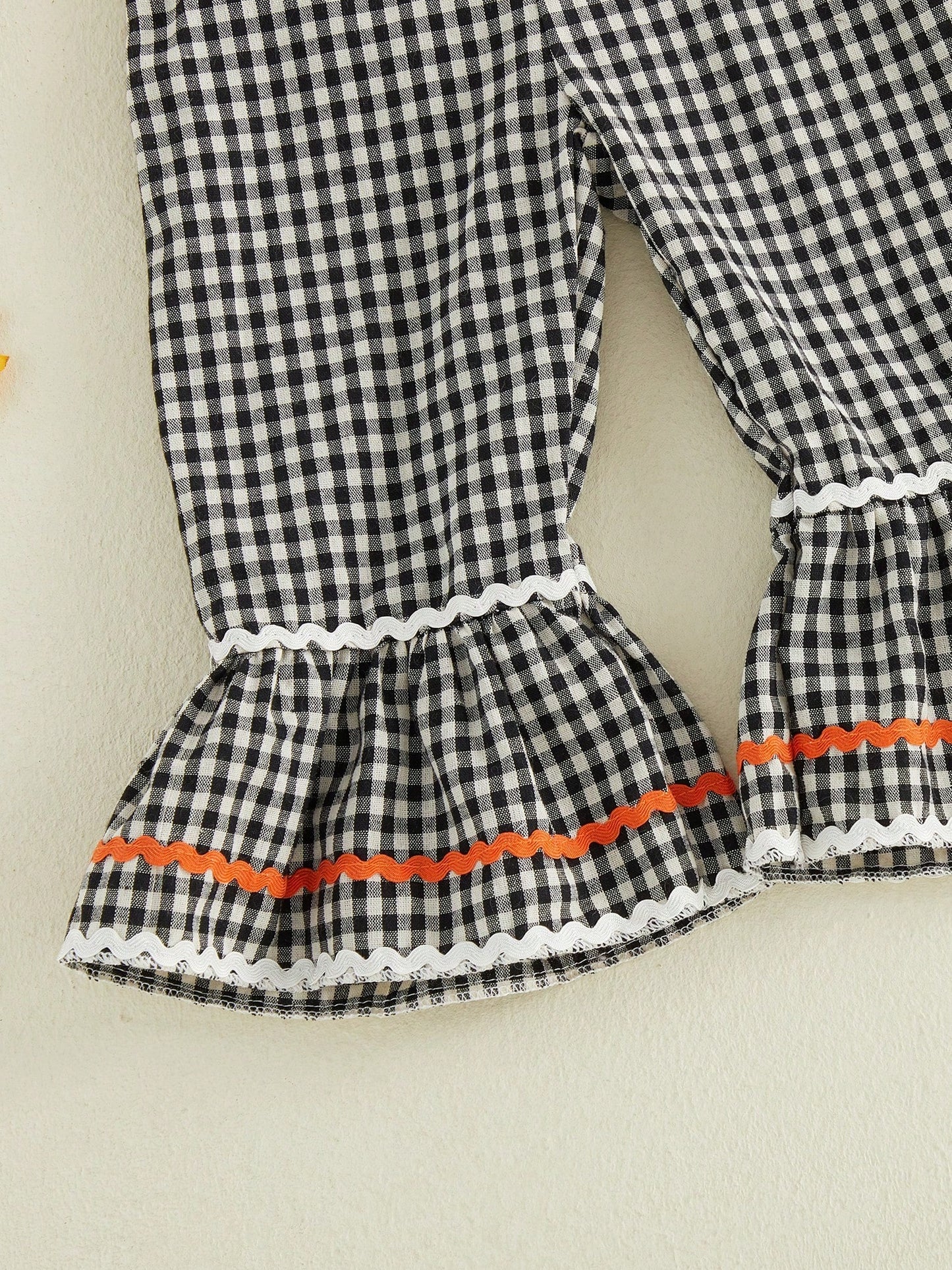 Baby Girls Halloween Plaid Overalls Embroidery Sleeveless Flared Jumpsuit Suspender Pants For Toddler