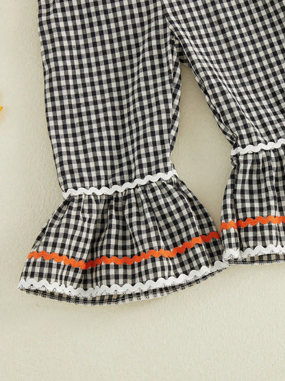 Baby Girls Halloween Plaid Overalls Embroidery Sleeveless Flared Jumpsuit Suspender Pants For Toddler