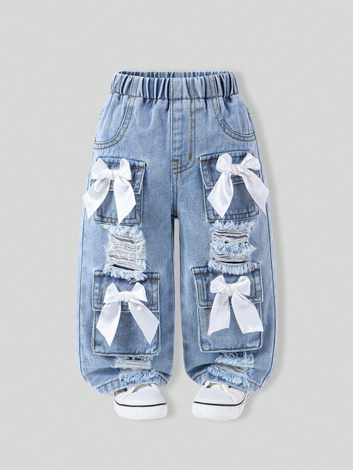 Baby Girls Jeans Light Blue And White Autumn Cute Back-To-School Classic Washed Denim Straight Leg Distressed Bow Design High Elastic Waist