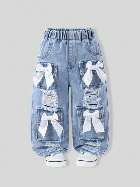 Baby Girls Jeans Light Blue And White Autumn Cute Back-To-School Classic Washed Denim Straight Leg Distressed Bow Design High Elastic Waist