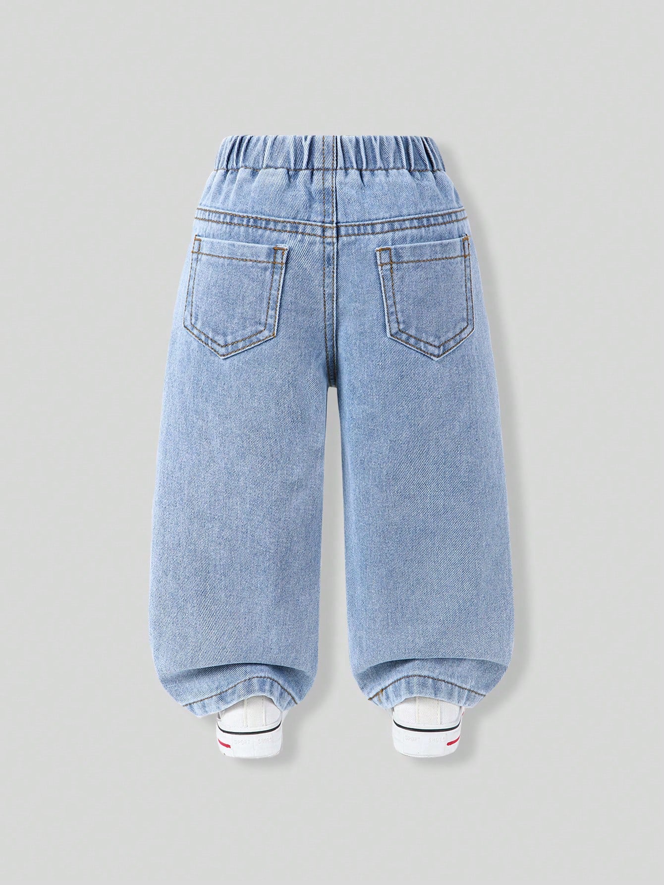 Baby Girls Jeans Light Blue And White Autumn Cute Back-To-School Classic Washed Denim Straight Leg Distressed Bow Design High Elastic Waist