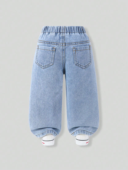 Baby Girls Jeans Light Blue And White Autumn Cute Back-To-School Classic Washed Denim Straight Leg Distressed Bow Design High Elastic Waist