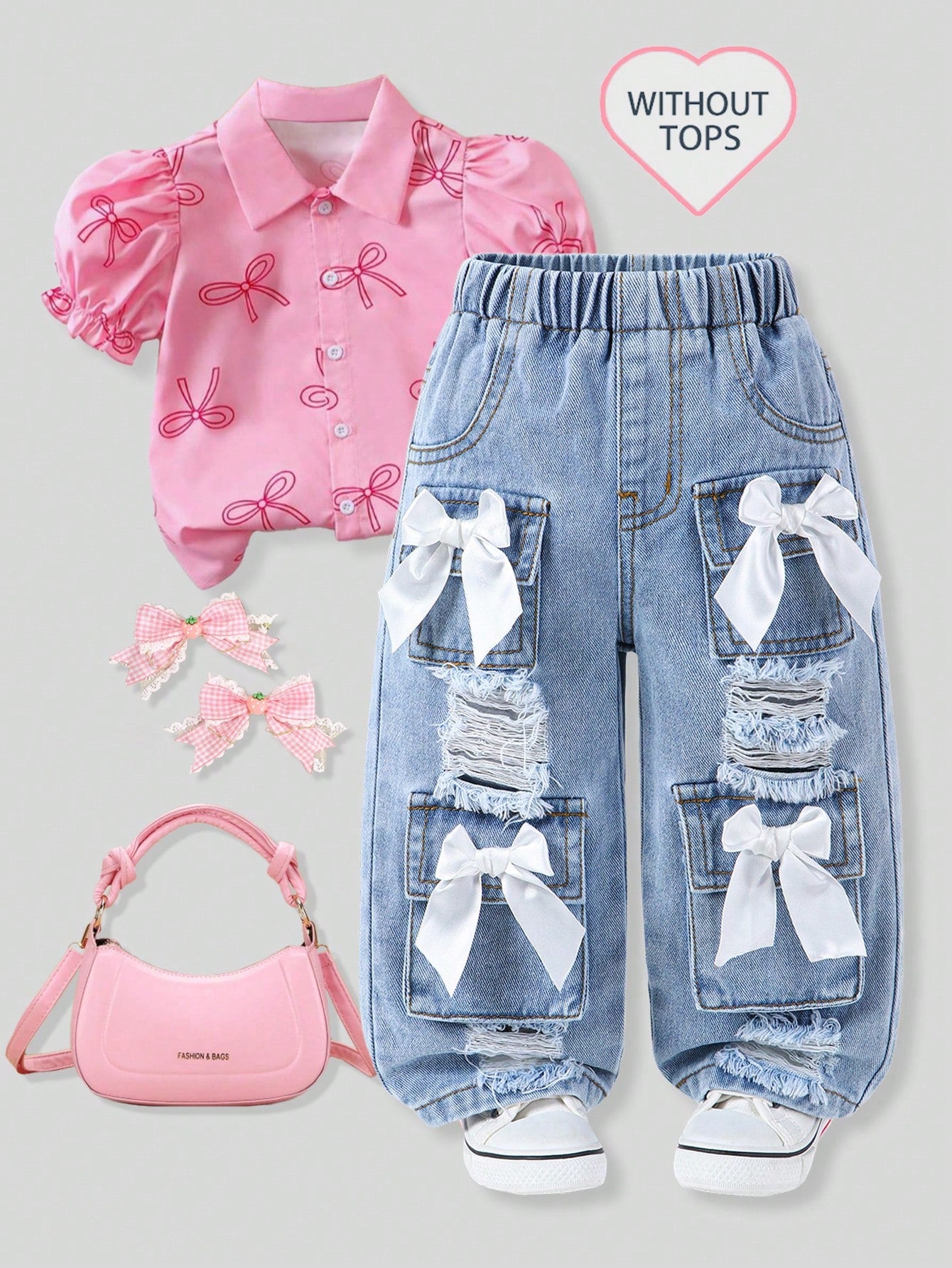 Baby Girls Jeans Light Blue And White Autumn Cute Back-To-School Classic Washed Denim Straight Leg Distressed Bow Design High Elastic Waist