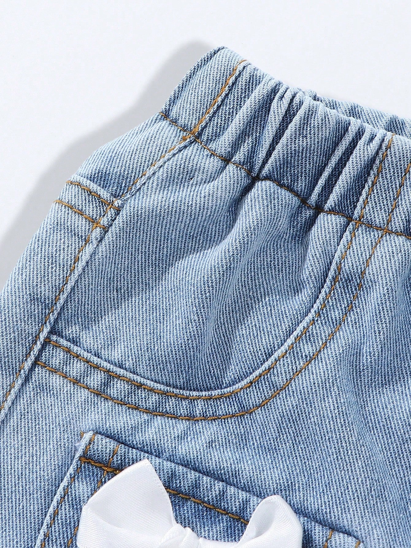 Baby Girls Jeans Light Blue And White Autumn Cute Back-To-School Classic Washed Denim Straight Leg Distressed Bow Design High Elastic Waist