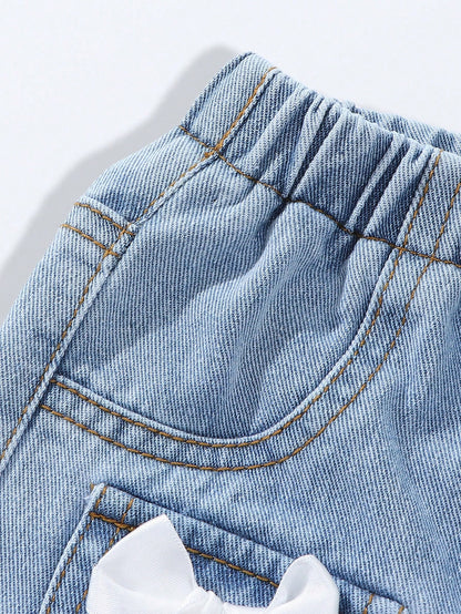 Baby Girls Jeans Light Blue And White Autumn Cute Back-To-School Classic Washed Denim Straight Leg Distressed Bow Design High Elastic Waist