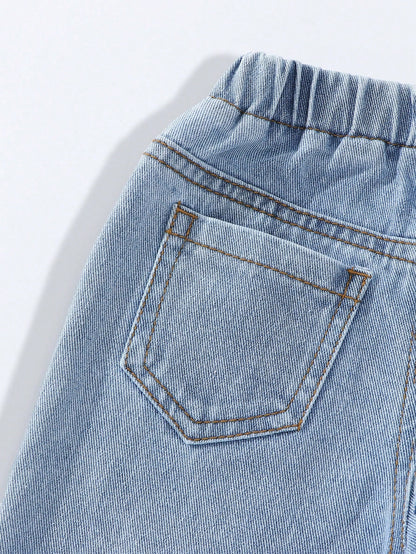 Baby Girls Jeans Light Blue And White Autumn Cute Back-To-School Classic Washed Denim Straight Leg Distressed Bow Design High Elastic Waist